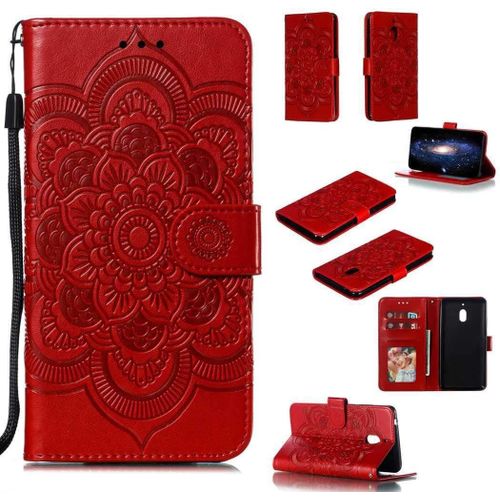 Portefeuille Coque Pour Nokia 2.1 Smartphone Magnétique Pu Cuir Etui Rabat Avec Fente Pour Carte Et Dragonne Mandala Fleur Motif - Rouge