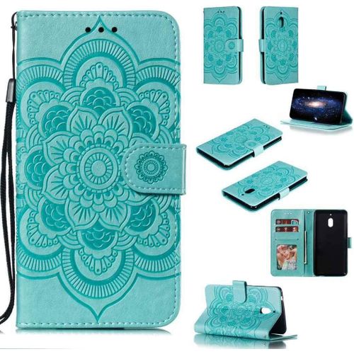 Portefeuille Coque Pour Nokia 2.1 Smartphone Magnétique Pu Cuir Etui Rabat Avec Fente Pour Carte Et Dragonne Mandala Fleur Motif - Vert