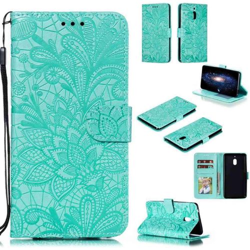 Portefeuille Coque Pour Nokia 2.1 Smartphone Magnétique Pu Cuir Etui Rabat Avec Fente Pour Carte Et Dragonne Dentelle Fleur Motif-Vert