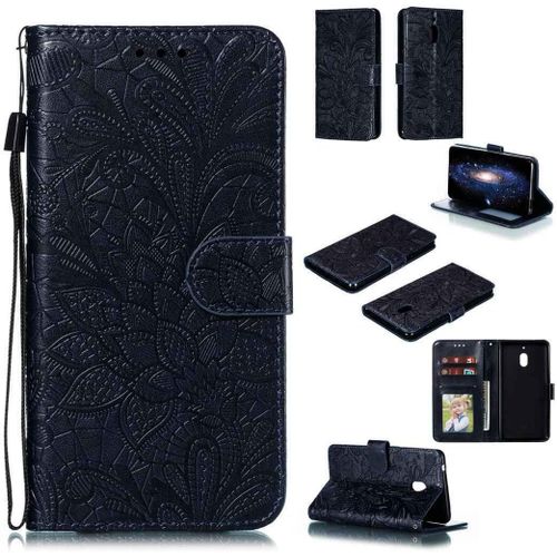 Portefeuille Coque Pour Nokia 2.1 Smartphone Magnétique Pu Cuir Etui Rabat Avec Fente Pour Carte Et Dragonne Dentelle Fleur Motif - Bleu Foncé