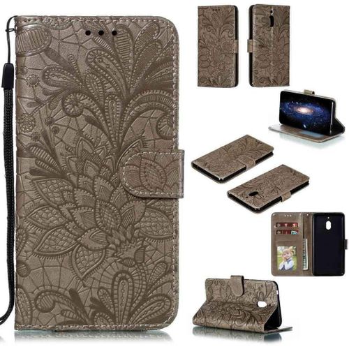 Portefeuille Coque Pour Nokia 2.1 Smartphone Magnétique Pu Cuir Etui Rabat Avec Fente Pour Carte Et Dragonne Dentelle Fleur Motif-Gris