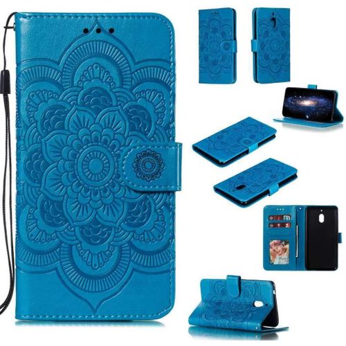 Portefeuille Coque Pour Nokia 2.1 Smartphone Magnétique Pu Cuir Etui Rabat Avec Fente Pour Carte Et Dragonne Mandala Fleur Motif - Bleu
