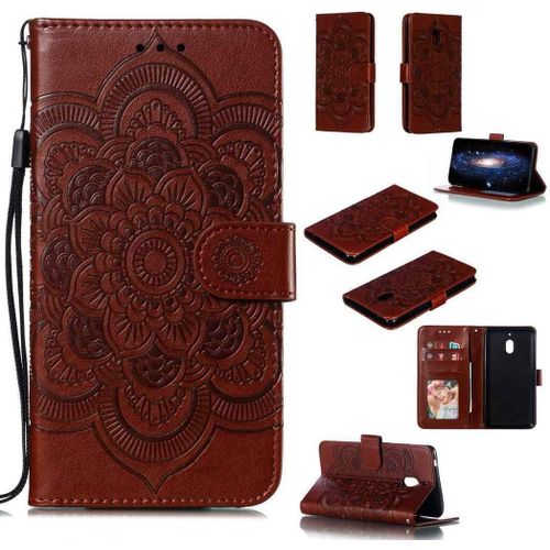 Portefeuille Coque Pour Nokia 2.1 Smartphone Magnétique Pu Cuir Etui Rabat Avec Fente Pour Carte Et Dragonne Mandala Fleur Motif - Marron