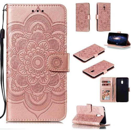 Portefeuille Coque Pour Nokia 2.1 Smartphone Magnétique Pu Cuir Etui Rabat Avec Fente Pour Carte Et Dragonne Mandala Fleur Motif - Or Rose