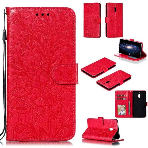 Portefeuille Coque Pour Nokia 2.1 Smartphone Magnétique Pu Cuir Etui Rabat Avec Fente Pour Carte Et Dragonne Dentelle Fleur Motif-Rouge