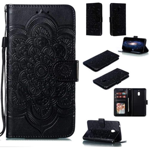 Portefeuille Coque Pour Nokia 2.1 Smartphone Magnétique Pu Cuir Etui Rabat Avec Fente Pour Carte Et Dragonne Mandala Fleur Motif - Noir
