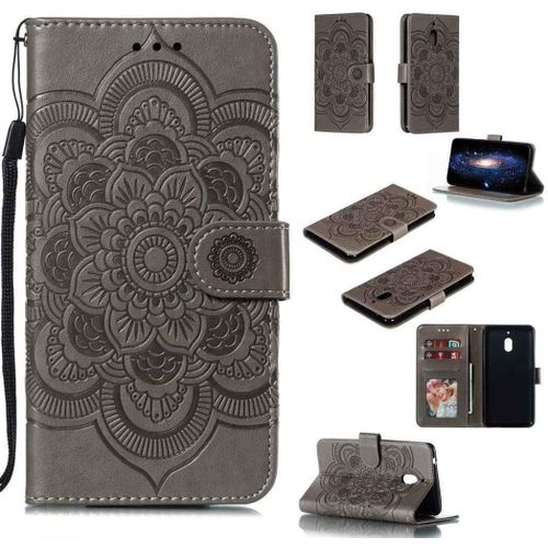 Portefeuille Coque Pour Nokia 2.1 Smartphone Magnétique Pu Cuir Etui Rabat Avec Fente Pour Carte Et Dragonne Mandala Fleur Motif - Gris