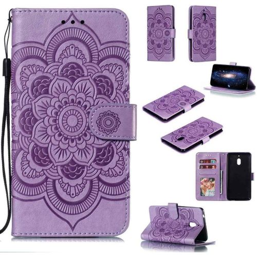 Portefeuille Coque Pour Nokia 2.1 Smartphone Magnétique Pu Cuir Etui Rabat Avec Fente Pour Carte Et Dragonne Mandala Fleur Motif - Pourpre