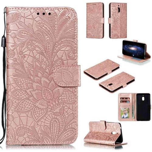 Portefeuille Coque Pour Nokia 2.1 Smartphone Magnétique Pu Cuir Etui Rabat Avec Fente Pour Carte Et Dragonne Dentelle Fleur Motif - Or Rose