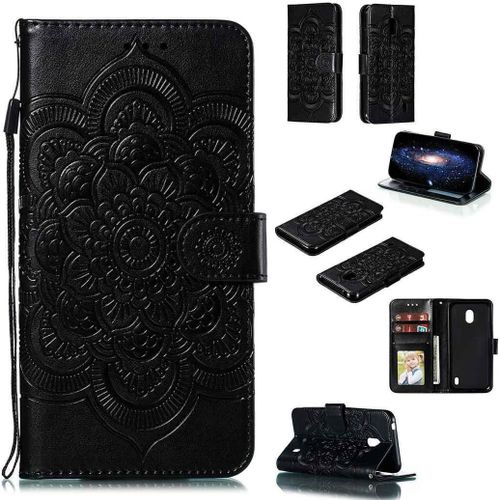 Portefeuille Coque Pour Nokia 2.2 Smartphone Magnétique Pu Cuir Etui Rabat Avec Fente Pour Carte Et Dragonne Mandala Fleur Motif - Noir
