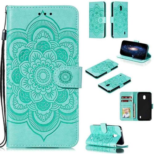 Portefeuille Coque Pour Nokia 2.2 Smartphone Magnétique Pu Cuir Etui Rabat Avec Fente Pour Carte Et Dragonne Mandala Fleur Motif - Vert