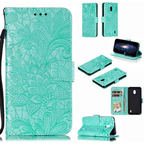 Portefeuille Coque Pour Nokia 2.2 Smartphone Magnétique Pu Cuir Etui Rabat Avec Fente Pour Carte Et Dragonne Dentelle Fleur Motif-Vert
