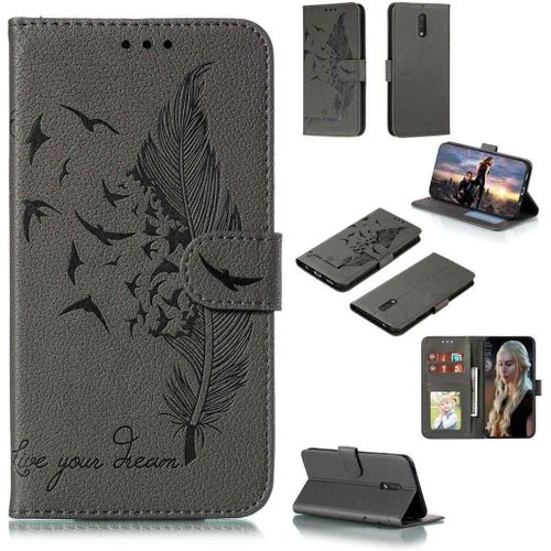 Portefeuille Coque Pour Nokia 2.3 Smartphone Magnétique Pu Cuir Etui Rabat Avec Fente Pour Carte Book Housse Plume Embossée Motif-Gris