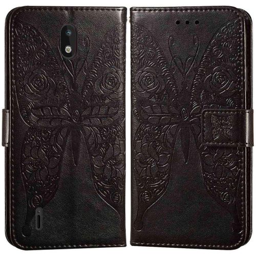 Etui En Pu Cuir Portefeuille Coque Pour Nokia 1.3 Smartphone Magnétique Flip Housse Et Fentes Cartes Stent Fonction Papillon Gaufrage-Noir