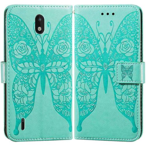 Etui En Pu Cuir Portefeuille Coque Pour Nokia 1.3 Smartphone Magnétique Flip Housse Et Fentes Cartes Stent Fonction Papillon Gaufrage-Verte