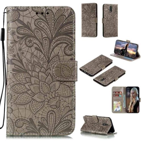 Portefeuille Coque Pour Nokia 2.3 Smartphone Magnétique Pu Cuir Etui Rabat Avec Fente Pour Carte Et Dragonne Dentelle Fleur Motif-Gris