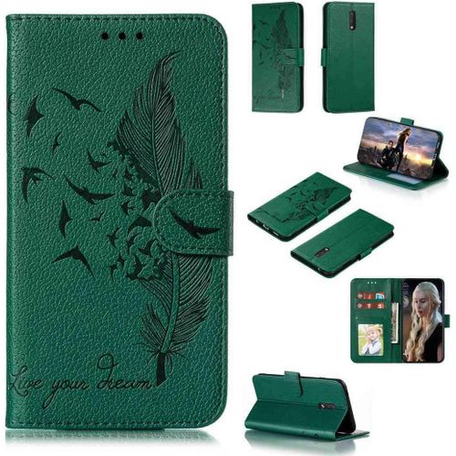 Portefeuille Coque Pour Nokia 2.3 Smartphone Magnétique Pu Cuir Etui Rabat Avec Fente Pour Carte Book Housse Plume Embossée Motif-Vert