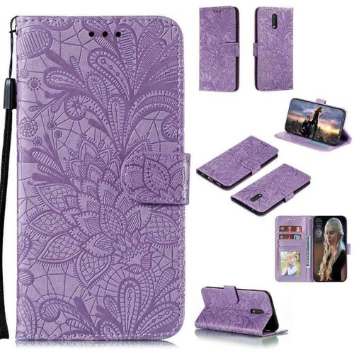 Portefeuille Coque Pour Nokia 2.3 Smartphone Magnétique Pu Cuir Etui Rabat Avec Fente Pour Carte Et Dragonne Dentelle Fleur Motif-Pourpre