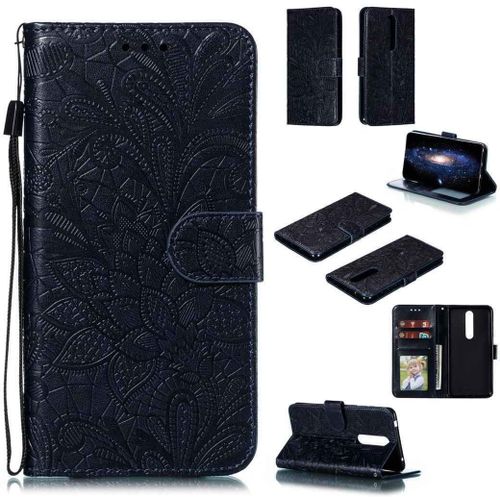 Portefeuille Coque Pour Nokia 3.1 2018 Smartphone Magnétique Pu Cuir Etui Rabat Avec Fente Pour Carte Et Dragonne Dentelle Fleur Motif-Bleu Foncé