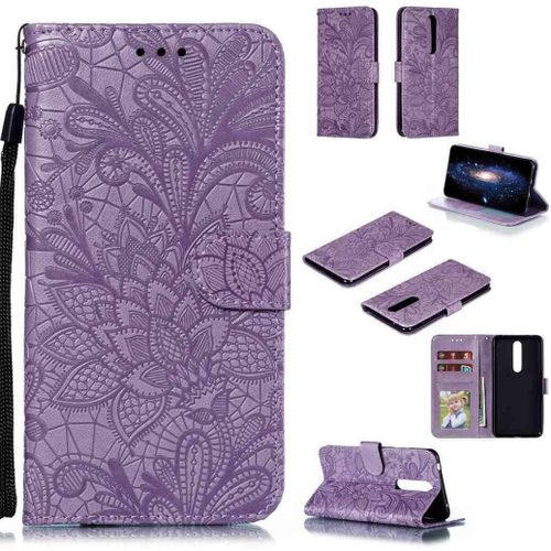 Portefeuille Coque Pour Nokia 3.1 2018 Smartphone Magnétique Pu Cuir Etui Rabat Avec Fente Pour Carte Et Dragonne Dentelle Fleur Motif-Pourpre
