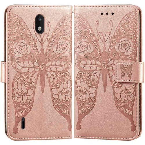 Etui En Pu Cuir Portefeuille Coque Pour Nokia 1.3 Smartphone Magnétique Flip Housse Et Fentes Cartes Stent Fonction Papillon Gaufrage-Or Rose