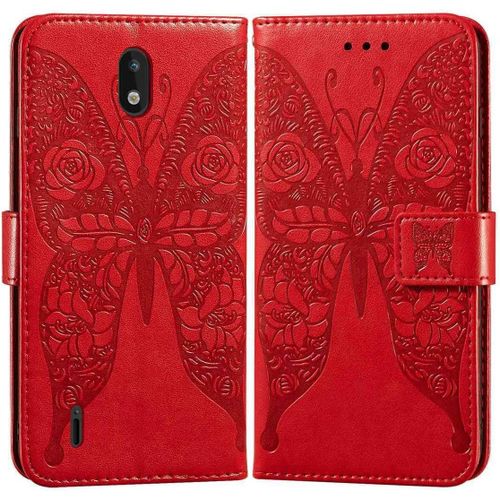 Etui En Pu Cuir Portefeuille Coque Pour Nokia 1.3 Smartphone Magnétique Flip Housse Et Fentes Cartes Stent Fonction Papillon Gaufrage-Rouge