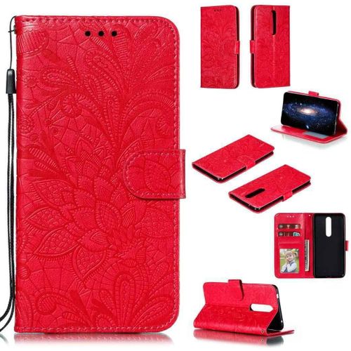 Portefeuille Coque Pour Nokia 3.1 2018 Smartphone Magnétique Pu Cuir Etui Rabat Avec Fente Pour Carte Et Dragonne Dentelle Fleur Motif-Rouge