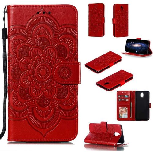 Portefeuille Coque Pour Nokia 3.1 2018 Smartphone Magnétique Pu Cuir Etui Rabat Avec Fente Pour Carte Et Dragonne Mandala Fleur Motif - Rouge
