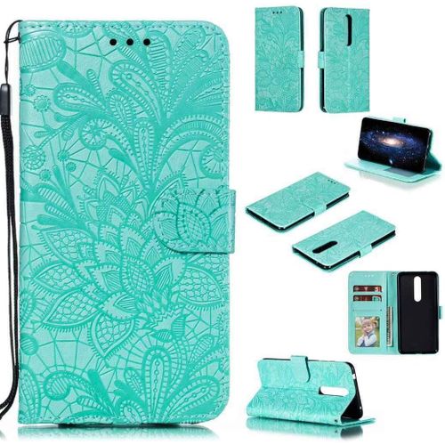 Portefeuille Coque Pour Nokia 3.1 2018 Smartphone Magnétique Pu Cuir Etui Rabat Avec Fente Pour Carte Et Dragonne Dentelle Fleur Motif - Vert