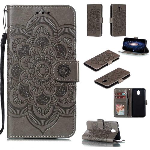 Portefeuille Coque Pour Nokia 3.1 2018 Smartphone Magnétique Pu Cuir Etui Rabat Avec Fente Pour Carte Et Dragonne Mandala Fleur Motif - Gris