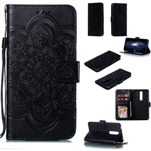 Portefeuille Coque Pour Nokia 3.1 Plus Smartphone Magnétique Pu Cuir Etui Rabat Avec Fente Pour Carte Et Dragonne Mandala Fleur Motif - Noir