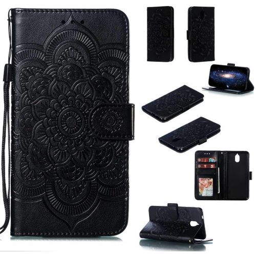 Portefeuille Coque Pour Nokia 3.1 2018 Smartphone Magnétique Pu Cuir Etui Rabat Avec Fente Pour Carte Et Dragonne Mandala Fleur Motif - Noir