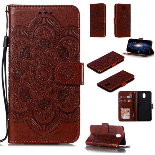 Portefeuille Coque Pour Nokia 3.1 2018 Smartphone Magnétique Pu Cuir Etui Rabat Avec Fente Pour Carte Et Dragonne Mandala Fleur Motif - Marron