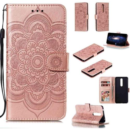 Portefeuille Coque Pour Nokia 3.1 Plus Smartphone Magnétique Pu Cuir Etui Rabat Avec Fente Pour Carte Et Dragonne Mandala Fleur Motif - Or Rose