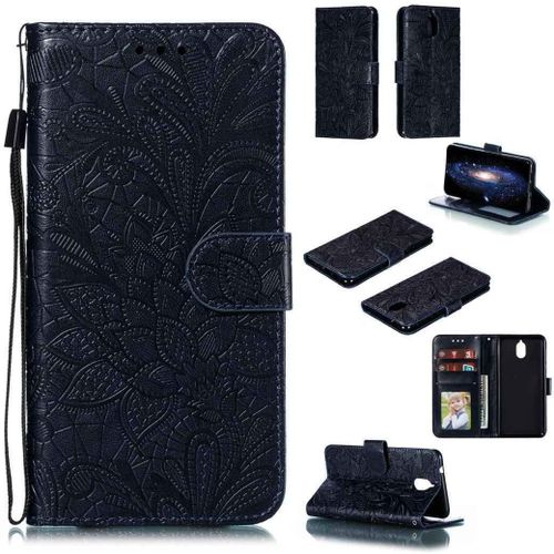 Portefeuille Coque Pour Nokia 3.1 Plus Smartphone Magnétique Pu Cuir Etui Rabat Avec Fente Pour Carte Et Dragonne Dentelle Fleur Motif-Bleu Foncé