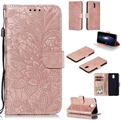 Portefeuille Coque Pour Nokia 3.1 Plus Smartphone Magnétique Pu Cuir Etui Rabat Avec Fente Pour Carte Et Dragonne Dentelle Fleur Motif-Or Rose