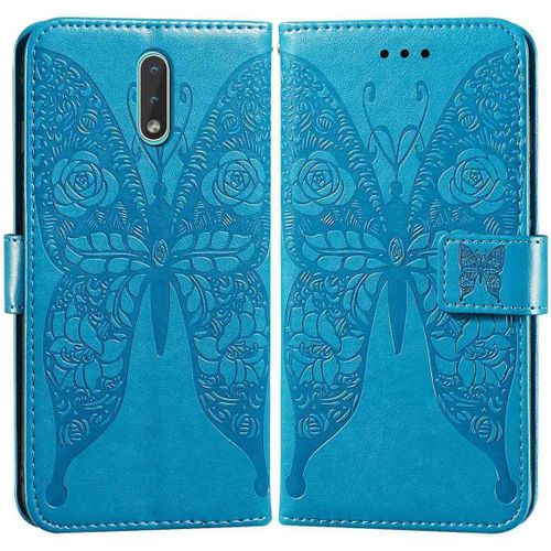 Etui En Pu Cuir Portefeuille Coque Pour Nokia 2.3 Smartphone Magnétique Flip Housse Et Fentes Cartes Stent Fonction Papillon Gaufrage-Bleu