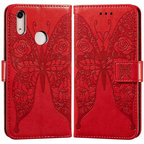 Etui En Pu Cuir Portefeuille Coque Pour Honor 8a/Huawei Y6 2019/Huawei Y6 Pro 2019 Smartphone Magnétique Flip Housse Et Fentes Cartes Stent Fonction Papillon Gaufrage-Rouge