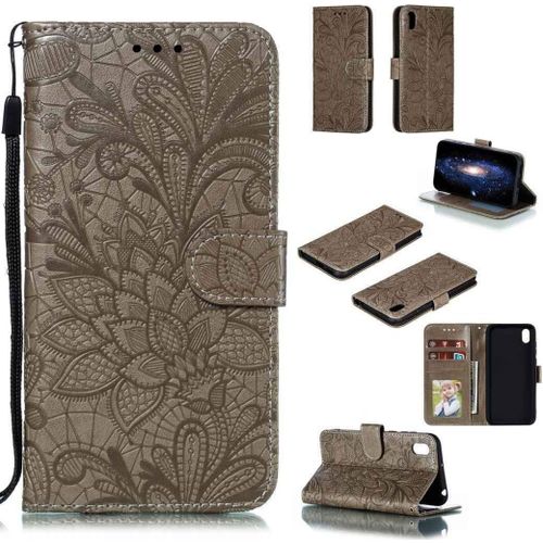 Portefeuille Coque Pour Huawei Y5 2019 / Honor 8s Smartphone Magnétique Pu Cuir Etui Rabat Avec Fente Pour Carte Et Dragonne Dentelle Fleur Motif - Gris