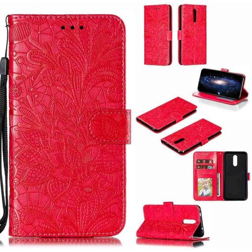 Portefeuille Coque Pour Nokia 3.2 Smartphone Magnétique Pu Cuir Etui Rabat Avec Fente Pour Carte Et Dragonne Dentelle Fleur Motif-Rouge