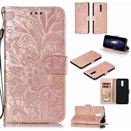 Portefeuille Coque Pour Nokia 3.2 Smartphone Magnétique Pu Cuir Etui Rabat Avec Fente Pour Carte Et Dragonne Dentelle Fleur Motif-Or Rose