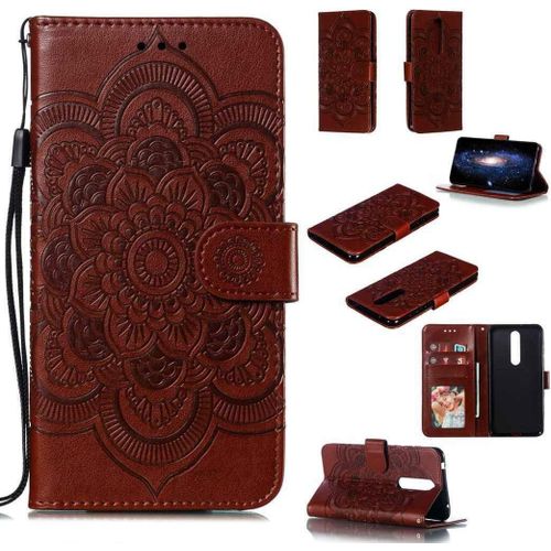 Portefeuille Coque Pour Nokia 3.1 Plus Smartphone Magnétique Pu Cuir Etui Rabat Avec Fente Pour Carte Et Dragonne Mandala Fleur Motif - Marron
