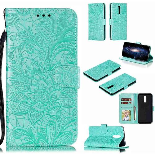 Portefeuille Coque Pour Nokia 3.2 Smartphone Magnétique Pu Cuir Etui Rabat Avec Fente Pour Carte Et Dragonne Dentelle Fleur Motif-Vert