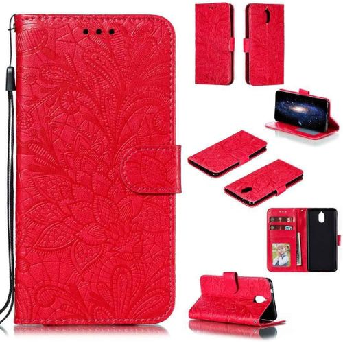 Portefeuille Coque Pour Nokia 3.1 Plus Smartphone Magnétique Pu Cuir Etui Rabat Avec Fente Pour Carte Et Dragonne Dentelle Fleur Motif-Rouge