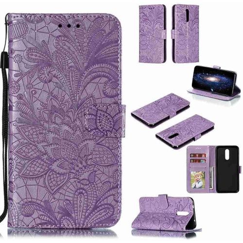 Portefeuille Coque Pour Nokia 3.2 Smartphone Magnétique Pu Cuir Etui Rabat Avec Fente Pour Carte Et Dragonne Dentelle Fleur Motif-Pourpre