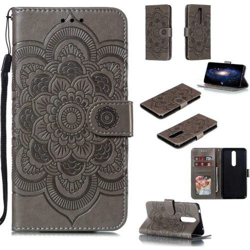 Portefeuille Coque Pour Nokia 3.1 Plus Smartphone Magnétique Pu Cuir Etui Rabat Avec Fente Pour Carte Et Dragonne Mandala Fleur Motif - Gris