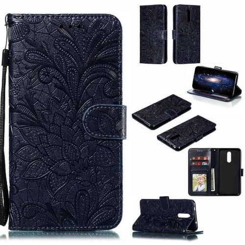 Portefeuille Coque Pour Nokia 3.2 Smartphone Magnétique Pu Cuir Etui Rabat Avec Fente Pour Carte Et Dragonne Dentelle Fleur Motif-Bleu Foncé