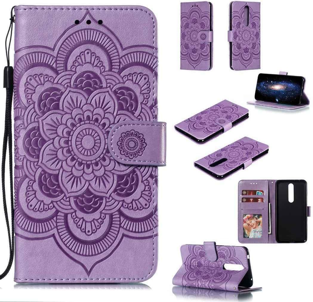 Portefeuille Coque Pour Nokia 3.1 Plus Smartphone Magnétique Pu Cuir Etui Rabat Avec Fente Pour Carte Et Dragonne Mandala Fleur Motif - Pourpre