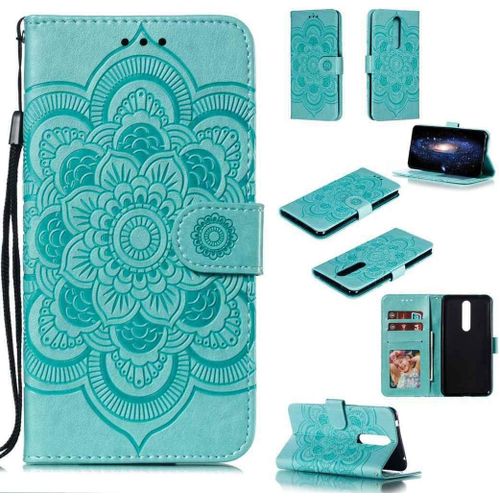 Portefeuille Coque Pour Nokia 3.1 Plus Smartphone Magnétique Pu Cuir Etui Rabat Avec Fente Pour Carte Et Dragonne Mandala Fleur Motif - Vert