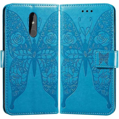 Etui En Pu Cuir Portefeuille Coque Pour Nokia 3.2 Smartphone Magnétique Flip Housse Et Fentes Cartes Stent Fonction Papillon Gaufrage-Bleu